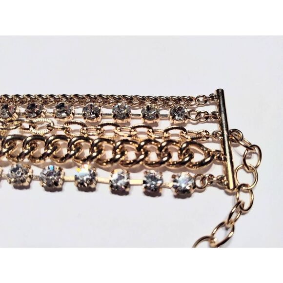 GOLD MULTI CHAIN CRYSTAL STRAND BRACELET NWOT - Picture 7 of 9